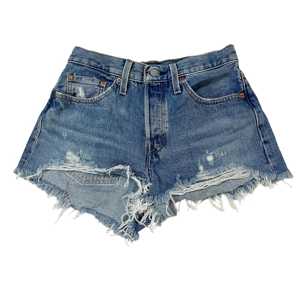 Levis Premium 501 Original High Rise Distressed Denim Shorts Blue Women Size 27